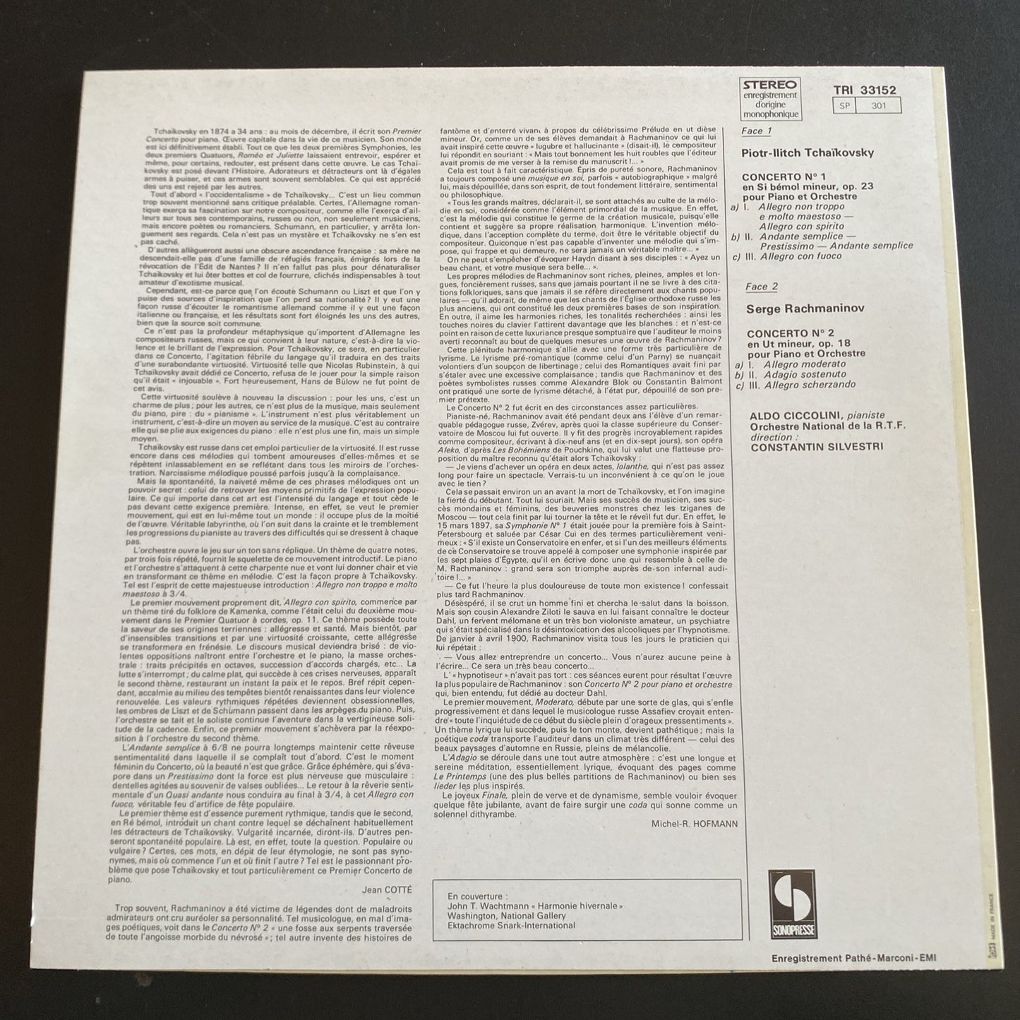 Vinyle 33T Tchaikovsky Rachmaninov Ciccolini Silvestri