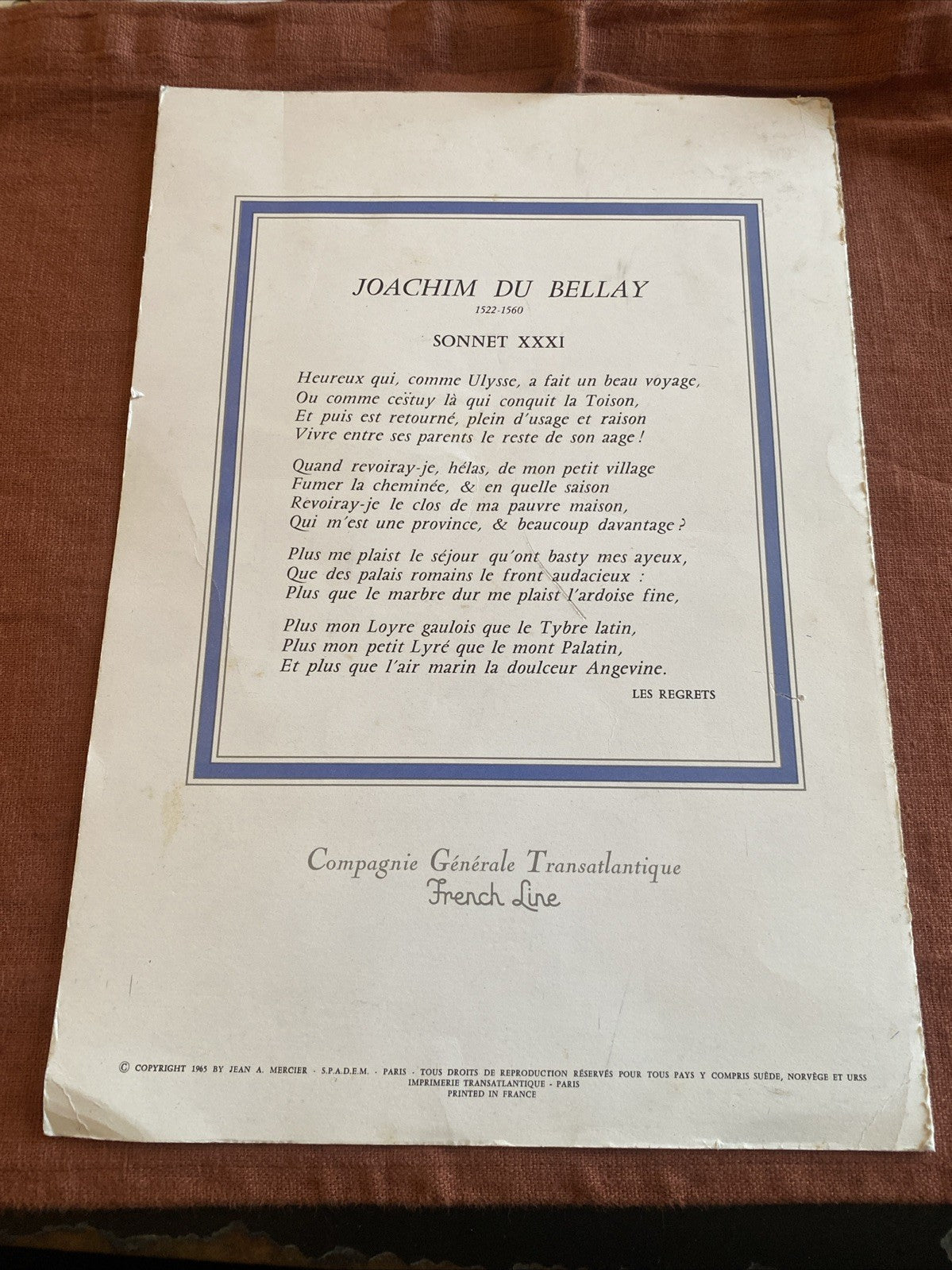 Menu Du Paquebot France Du 5 Février 1974