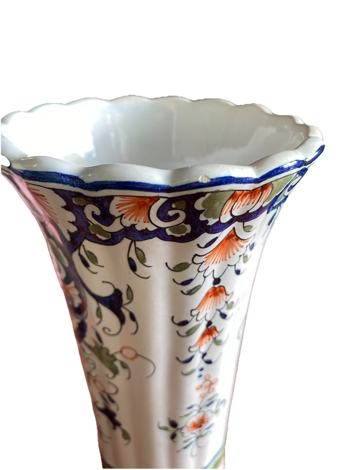 Vase faïence décor Rouen peint main – forme évasée col festonn
