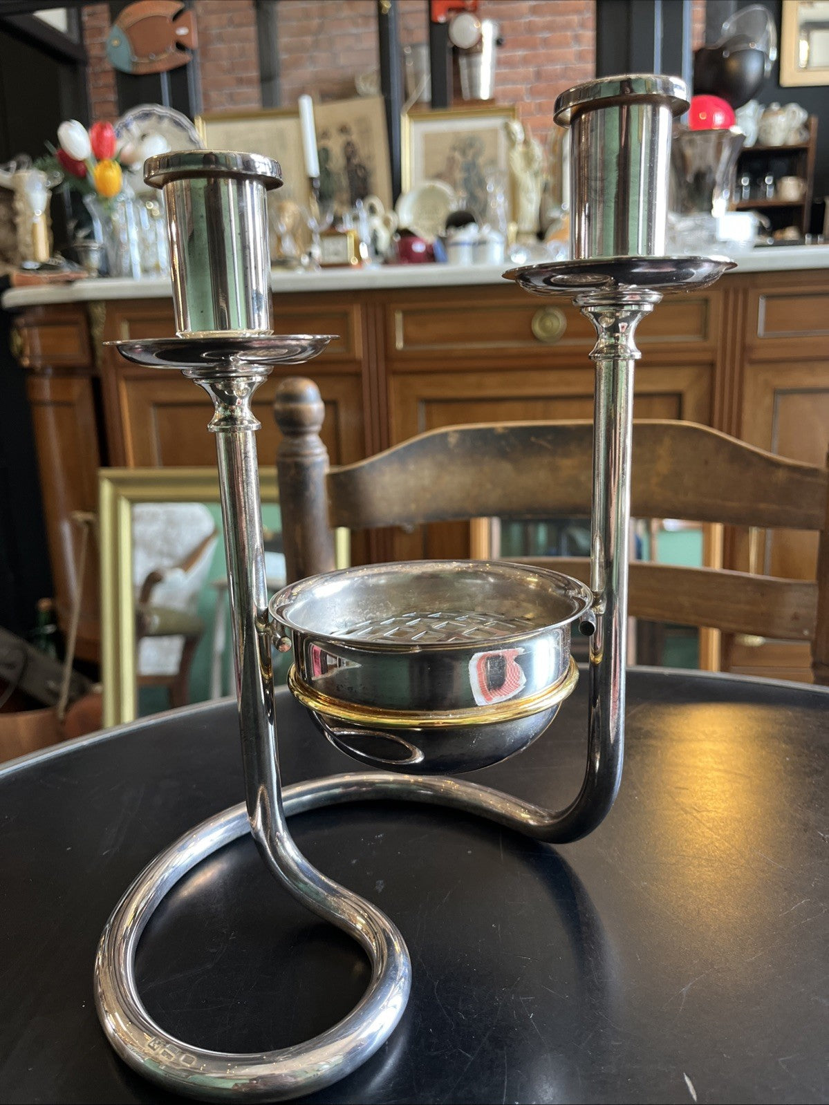 Chandelier Double Bougie En Métal Argenté Avec Cendrier