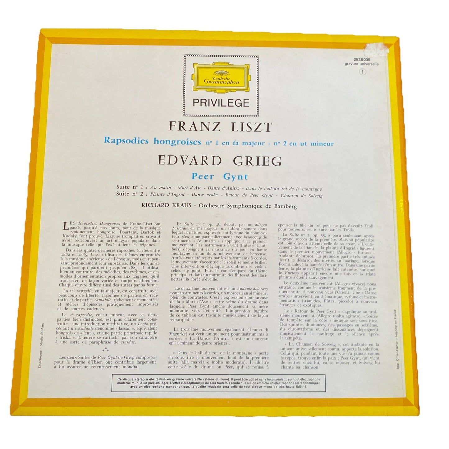 Vinyle LP Liszt Rhapsodies Hongroises Grieg Peer Gynt DG