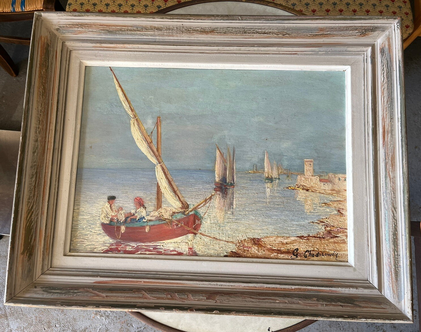 Tableau Huile Sur Bois Signé À Déterminer Paysage Maritime Bateau De Pêche