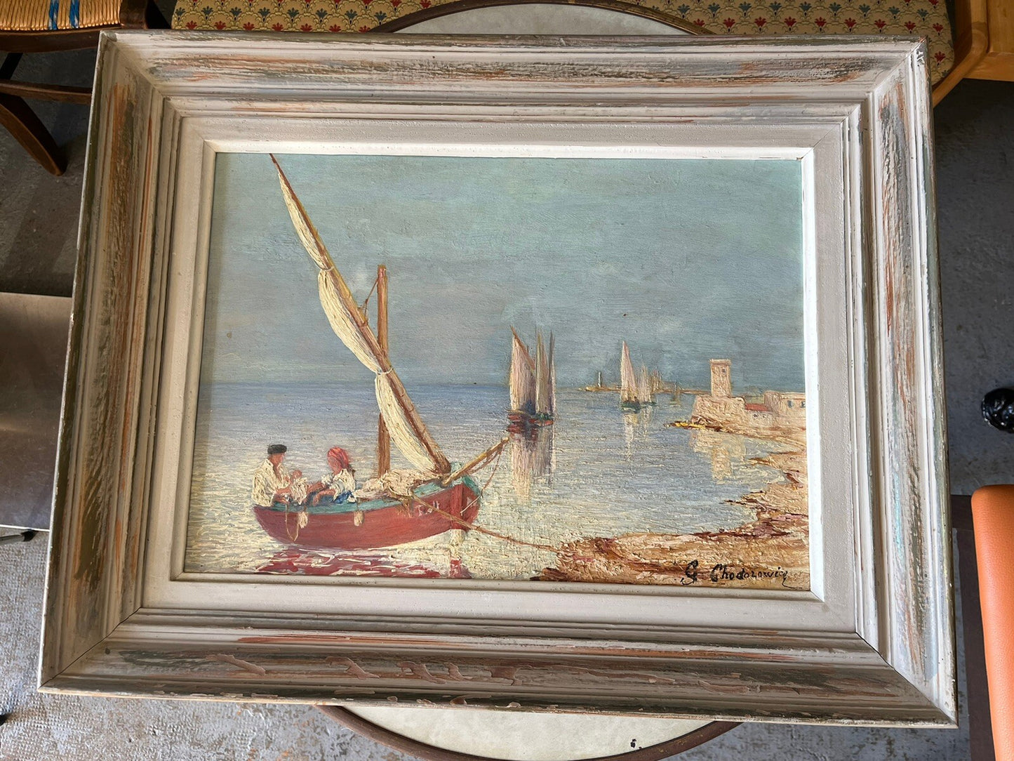 Tableau Huile Sur Bois Signé À Déterminer Paysage Maritime Bateau De Pêche