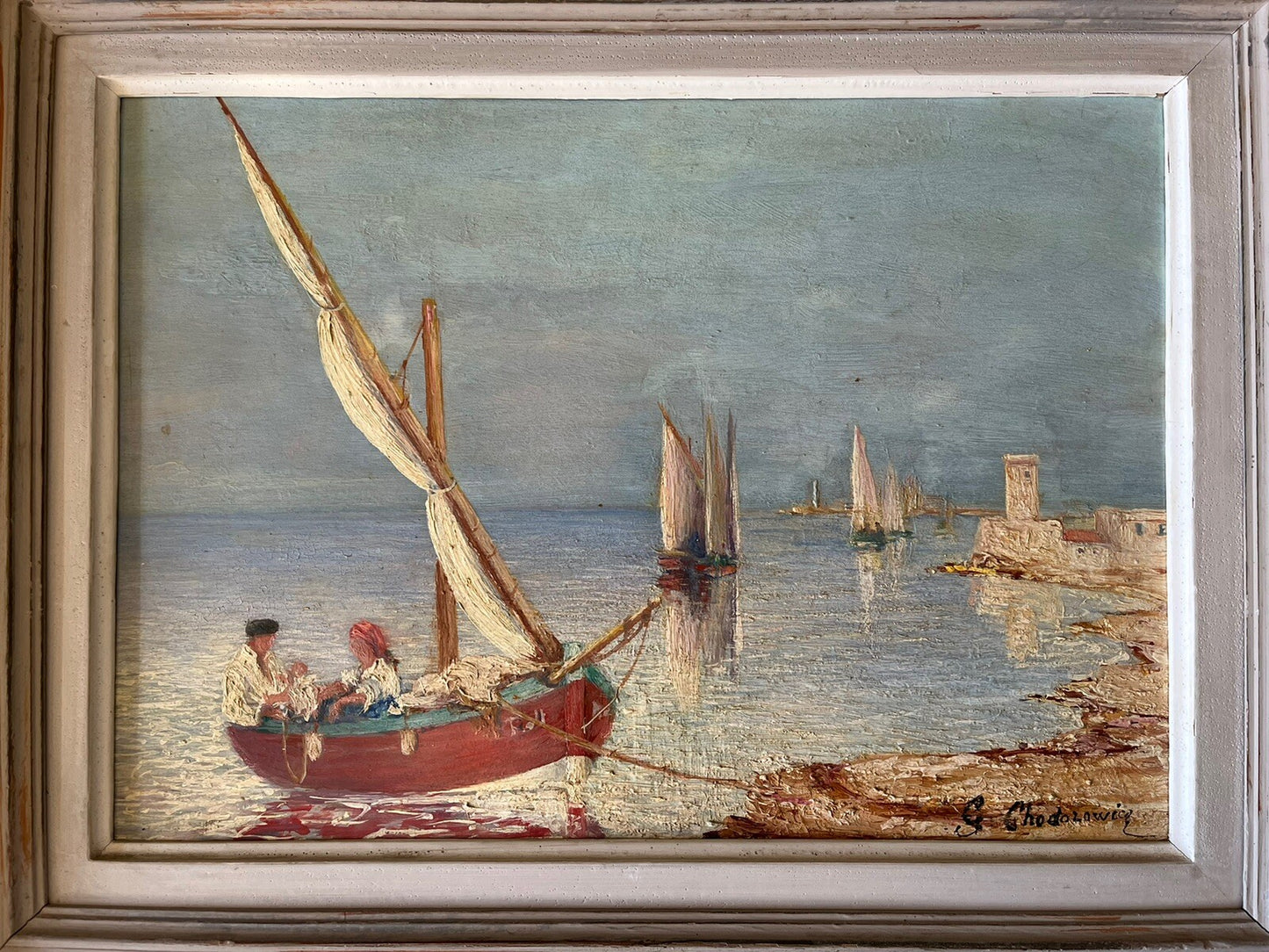 Tableau Huile Sur Bois Signé À Déterminer Paysage Maritime Bateau De Pêche