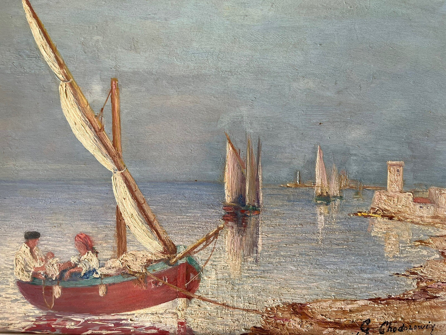 Tableau Huile Sur Bois Signé À Déterminer Paysage Maritime Bateau De Pêche