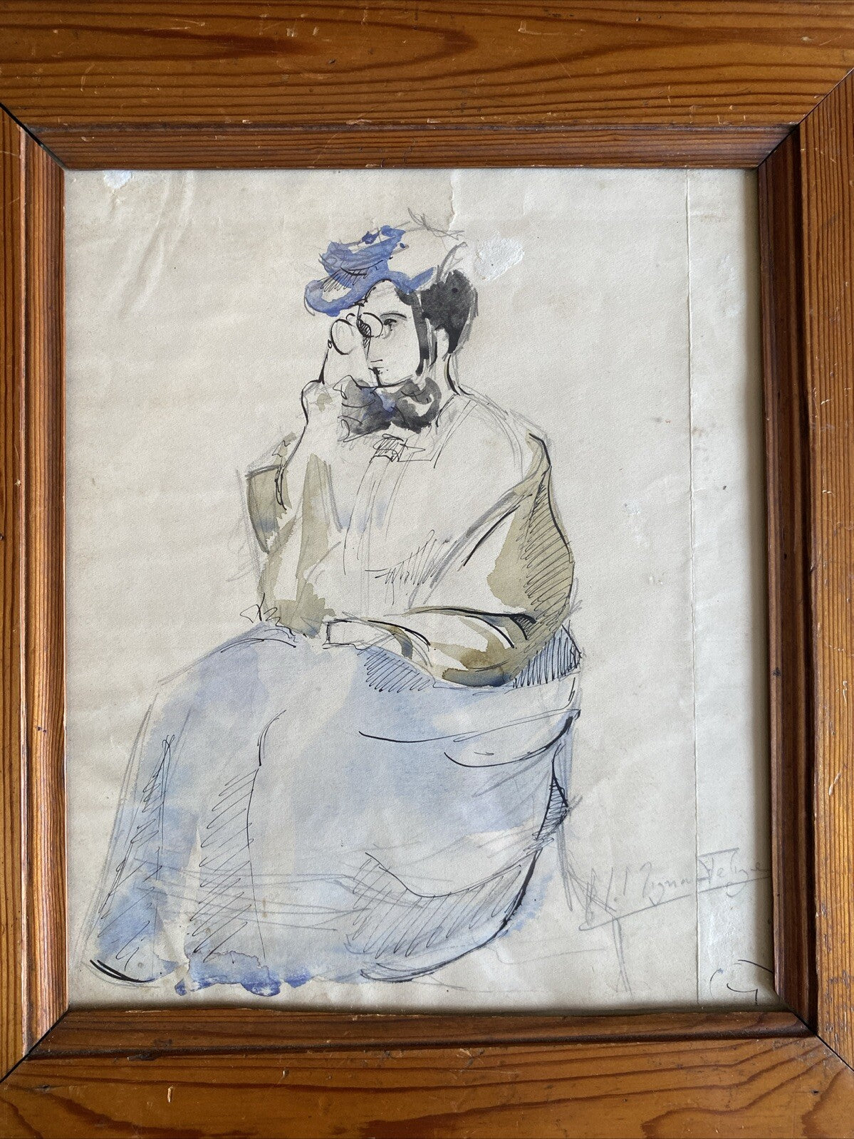 Dessin Aquarelle Ancien D’une Femme Signé A Déterminer Encadrement Bois