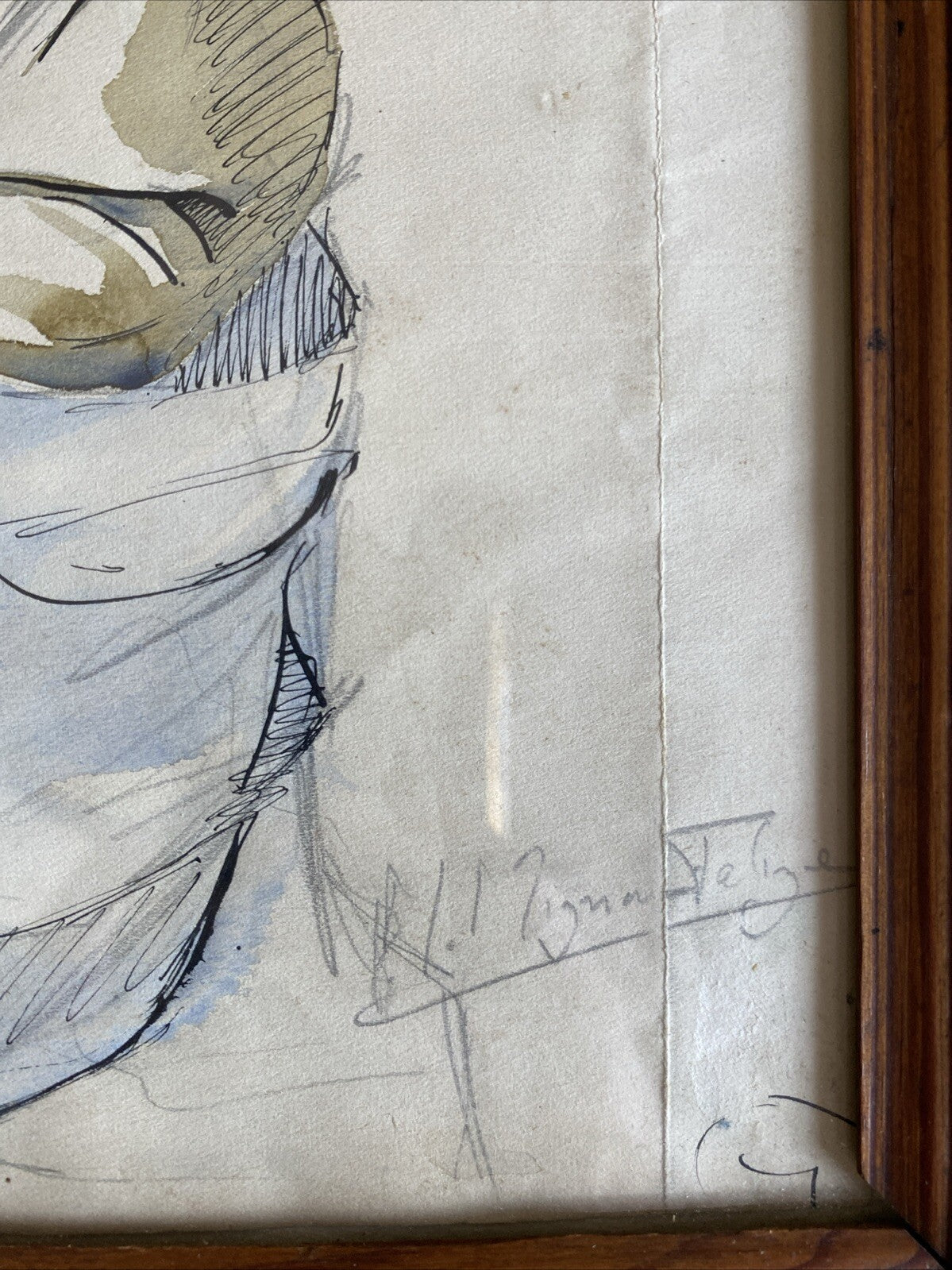 Dessin Aquarelle Ancien D’une Femme Signé A Déterminer Encadrement Bois