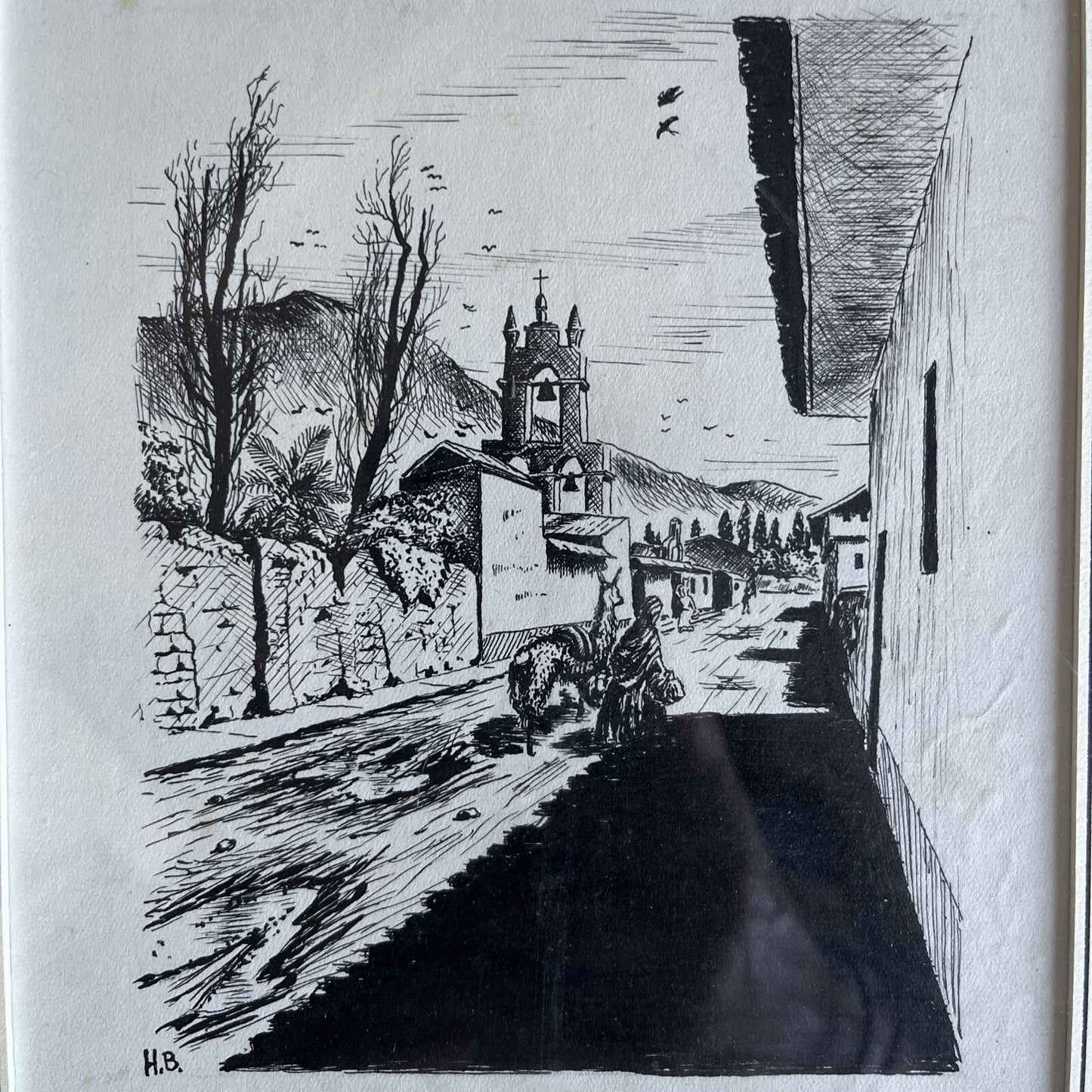 Dessin À L’encre Encadré Signé H.B