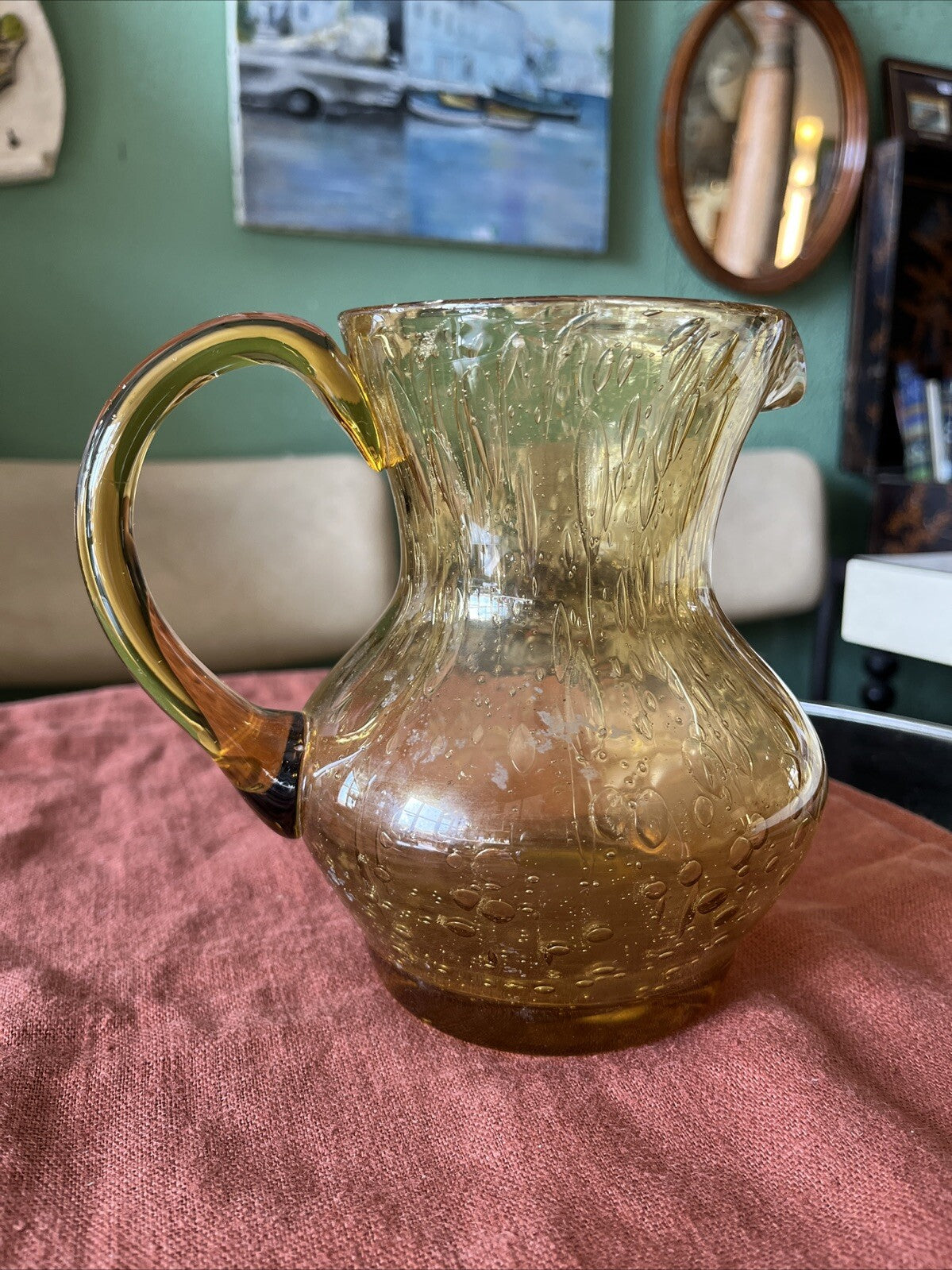 Pichet A Eau/orangeade Verre Soufflé Bullé Jaune Vintage