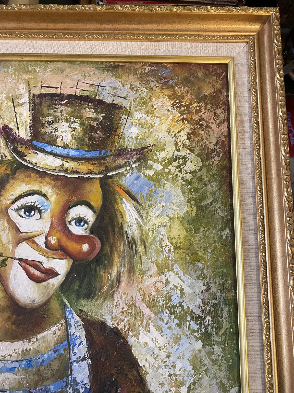Tableau Huile Sur Toile Portrait De Clown Encadrement Bois Doré