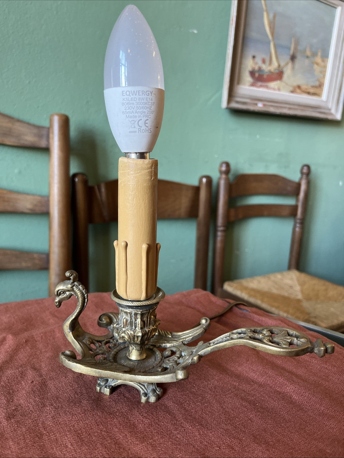 Ancien Bougeoir A Main En Bonze Monté En Lampe