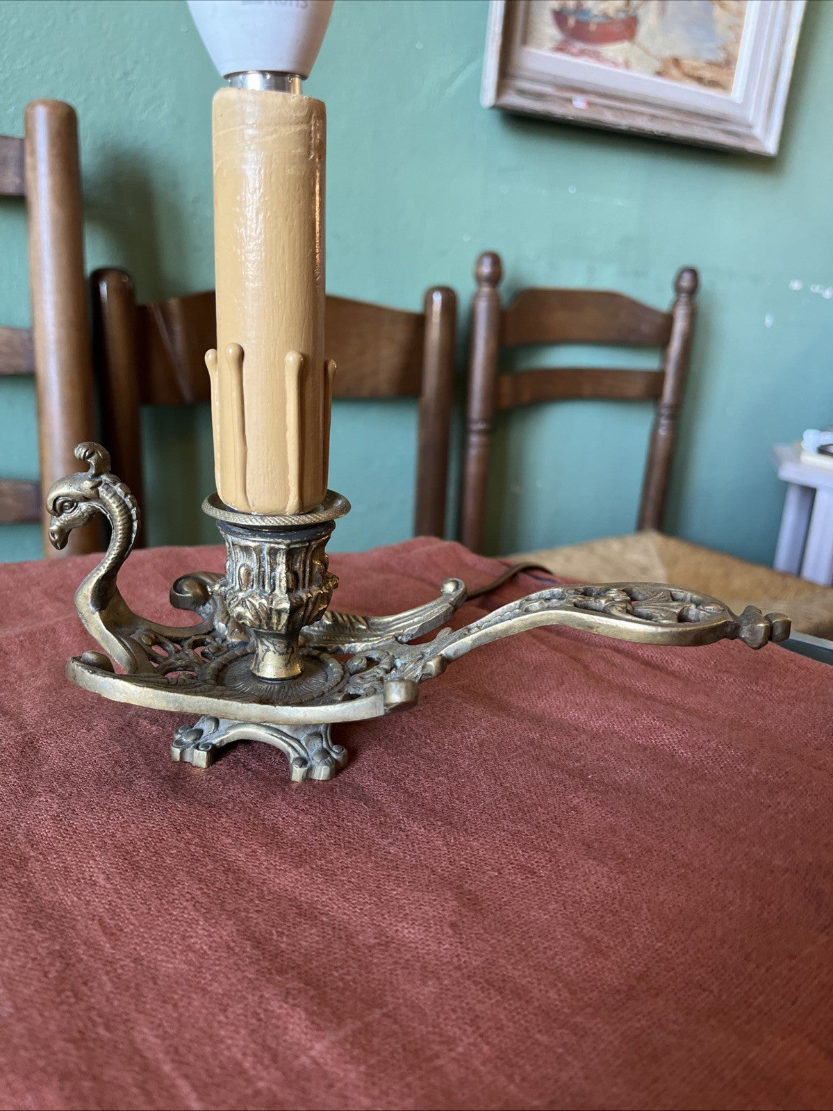 Ancien Bougeoir A Main En Bonze Monté En Lampe