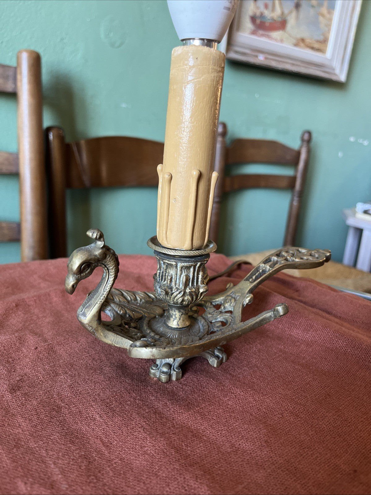 Ancien Bougeoir A Main En Bonze Monté En Lampe