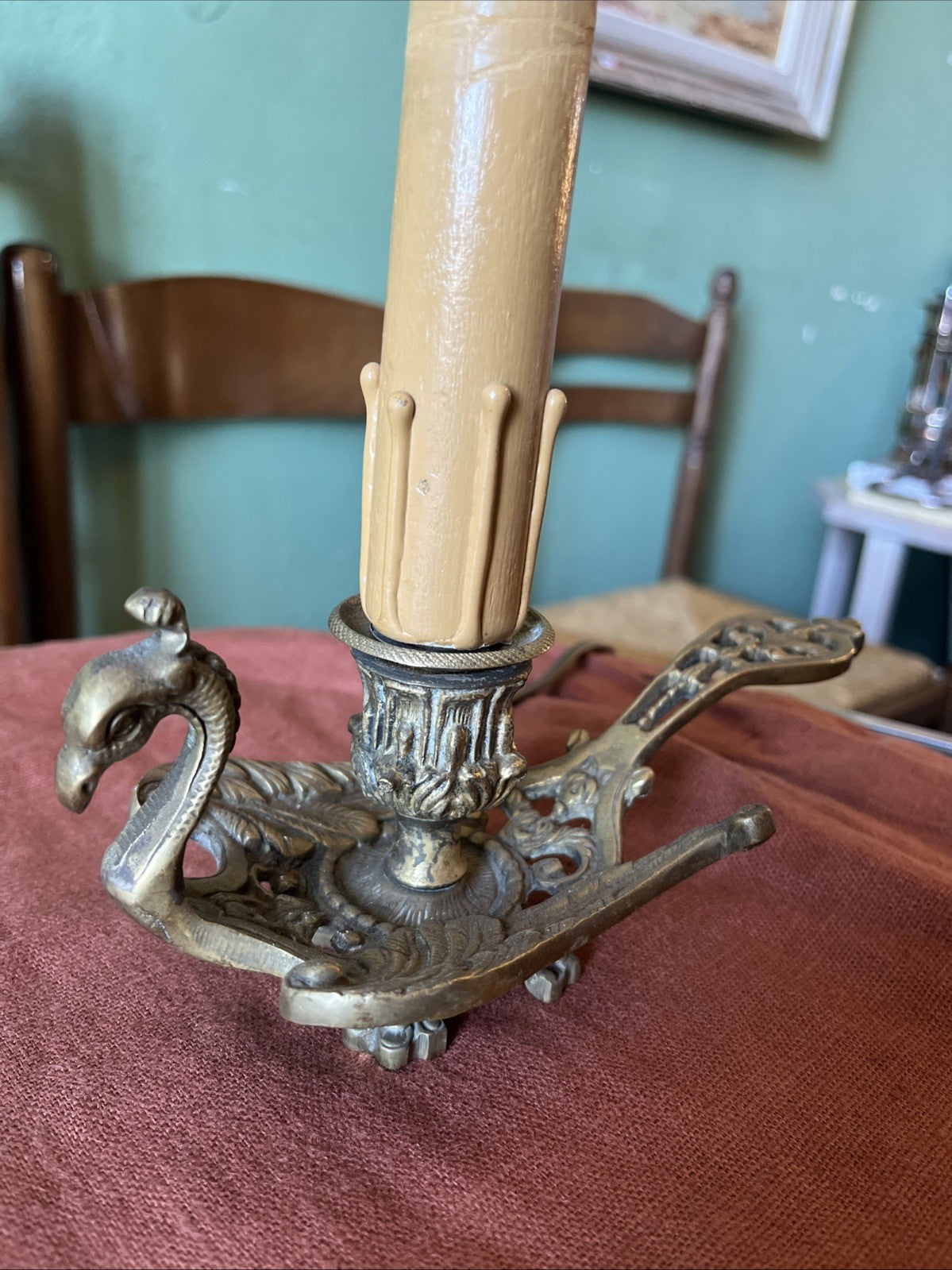 Ancien Bougeoir A Main En Bonze Monté En Lampe