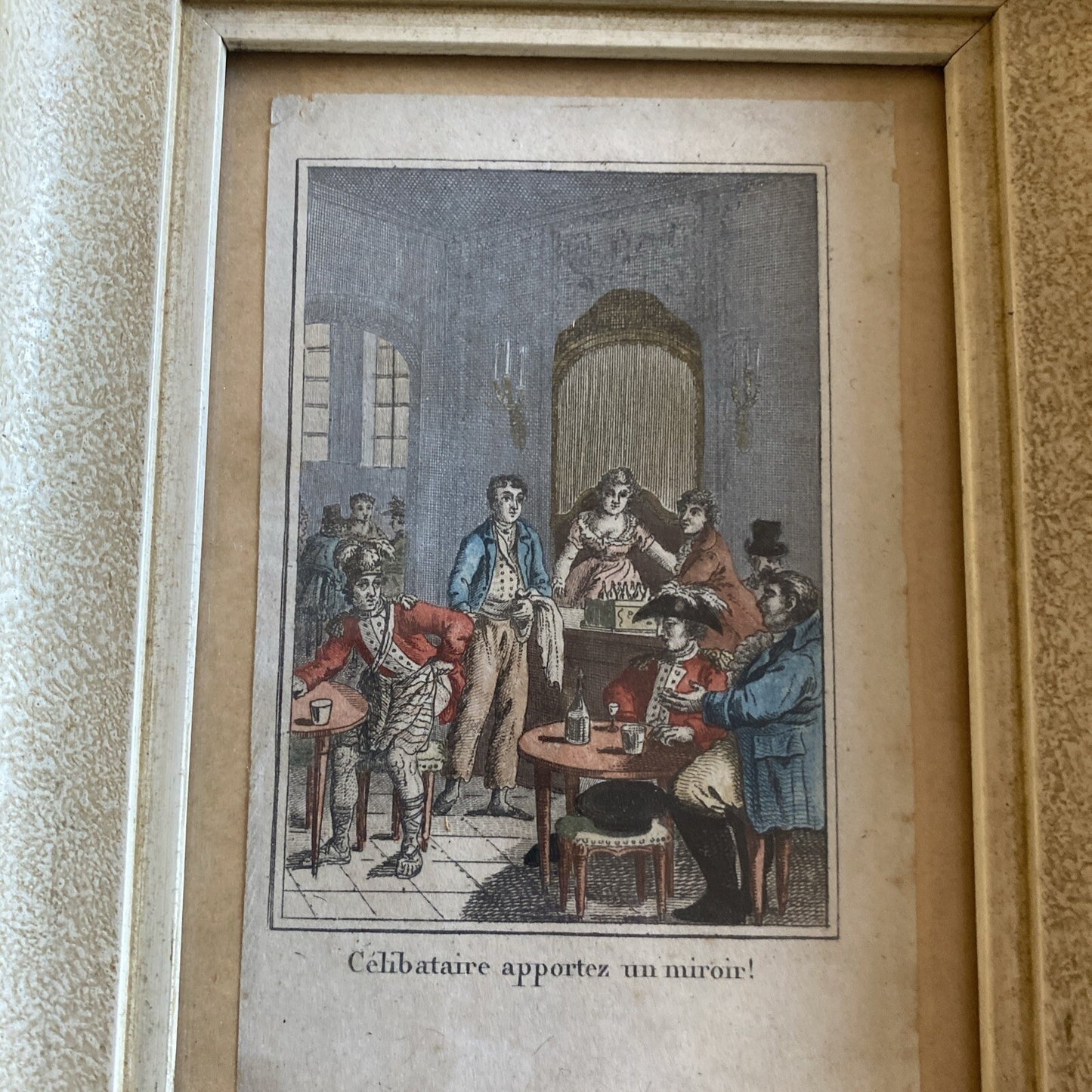 gravure ancienne encadrée « Célibataire Apportez Un Miroir »