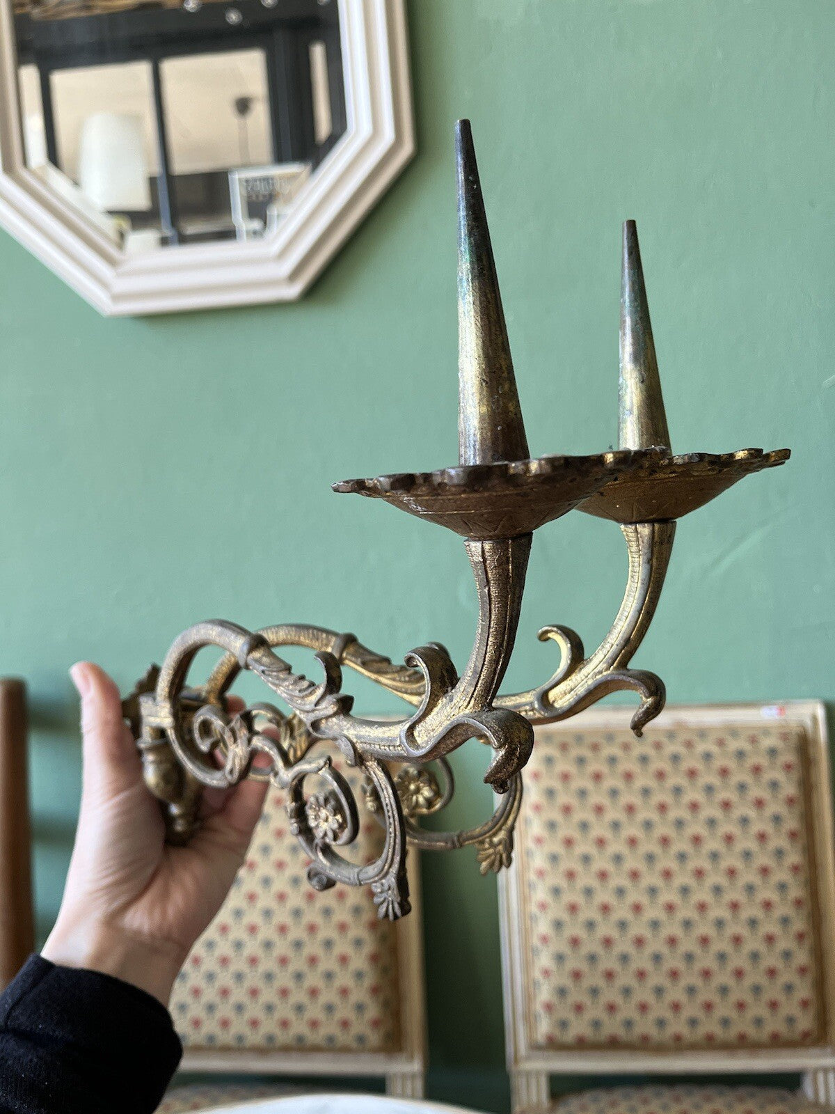 Applique murale double en bronze doré, style Louis XV Bougie/pique Cierge