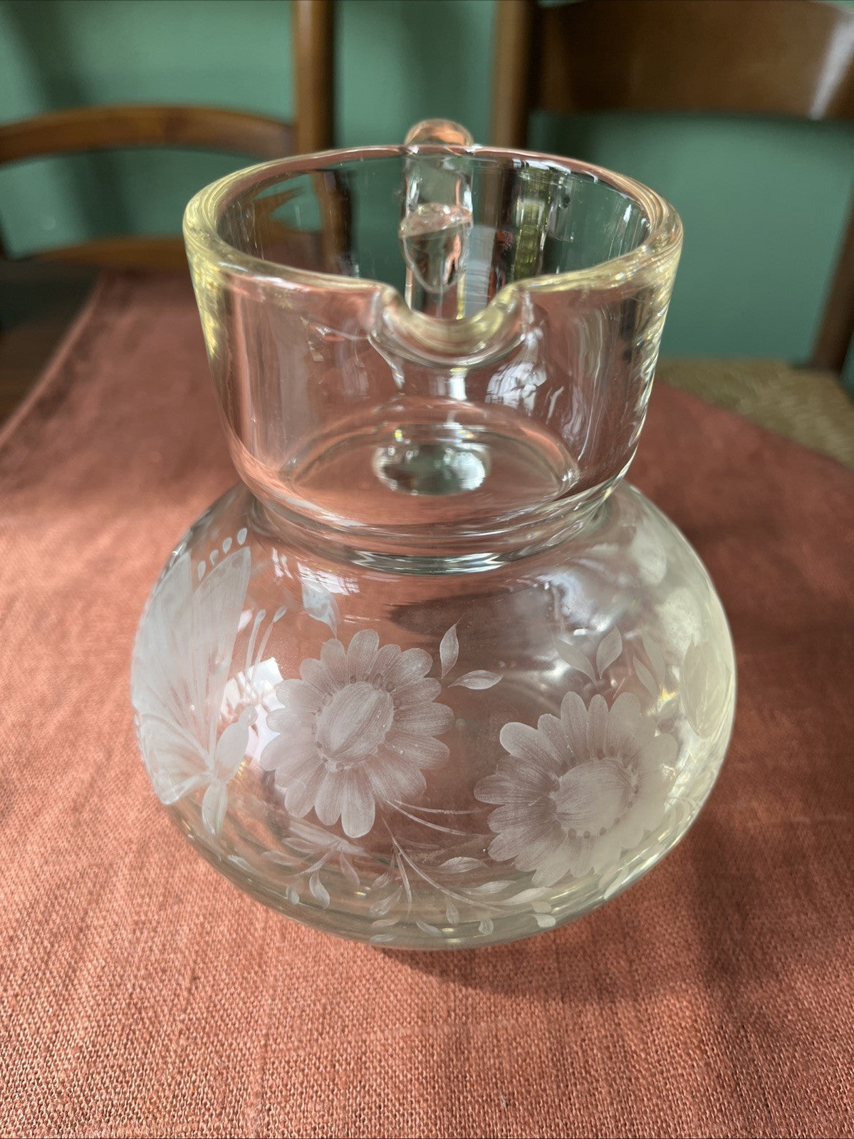 Ancien Pichet En Verre Décoration Fleurs