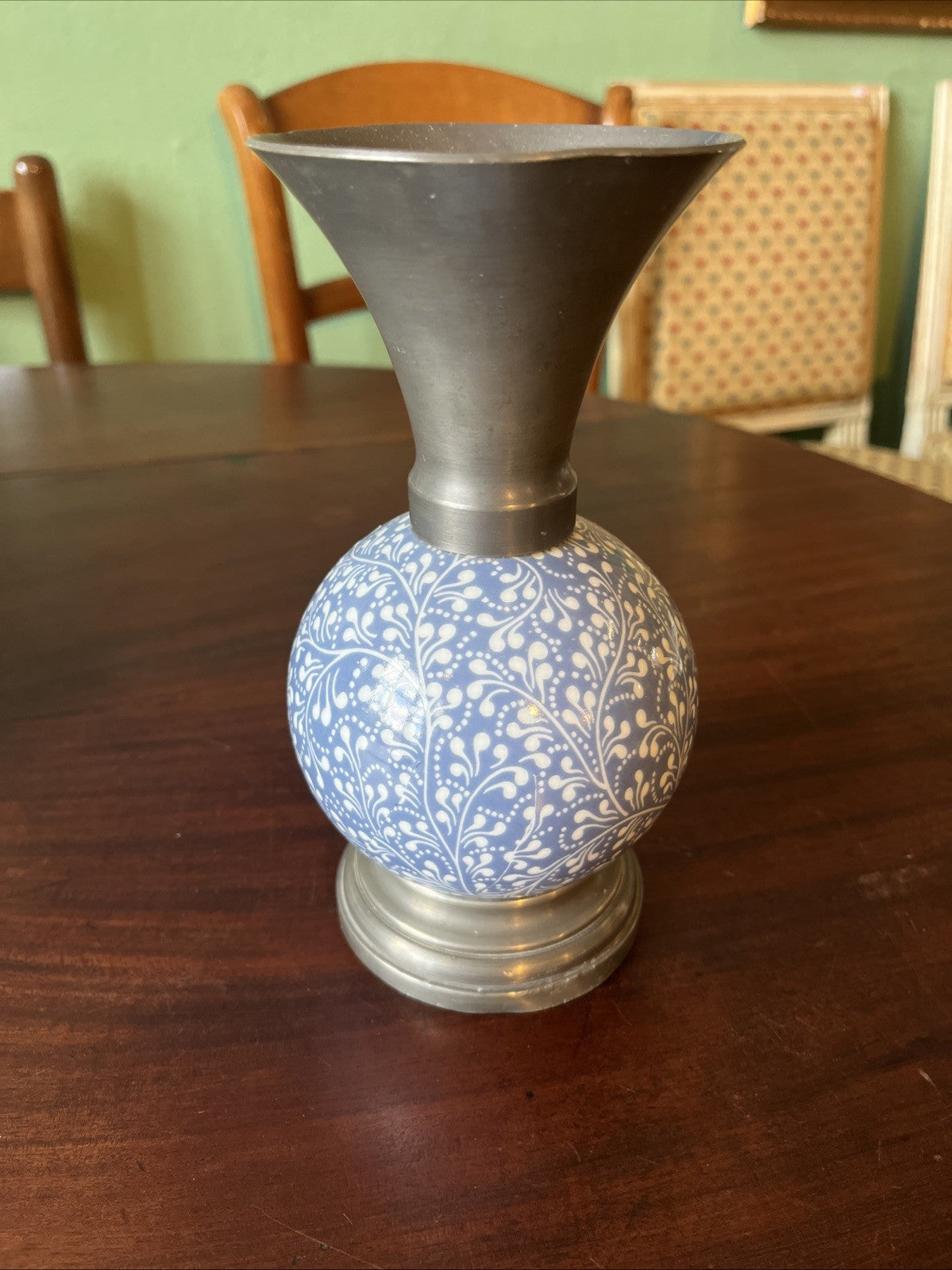 Vase Faïence Et Étain Bleu Et Blanc