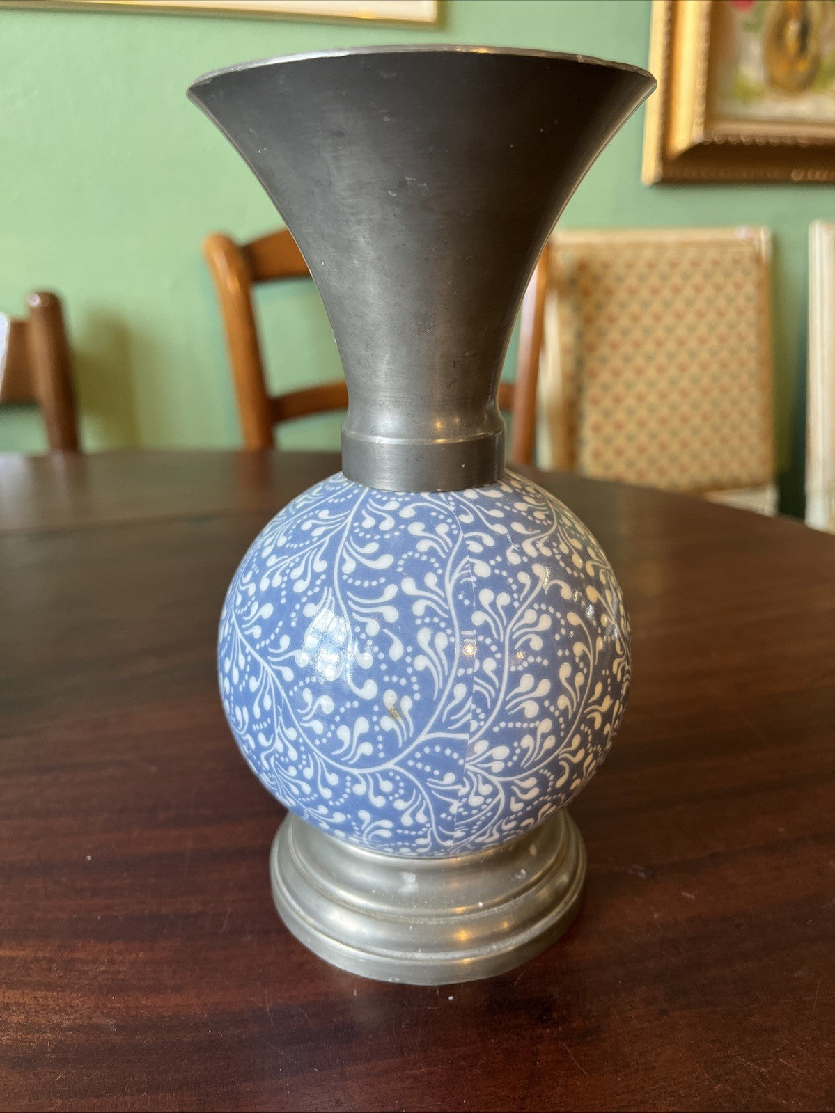 Vase Faïence Et Étain Bleu Et Blanc