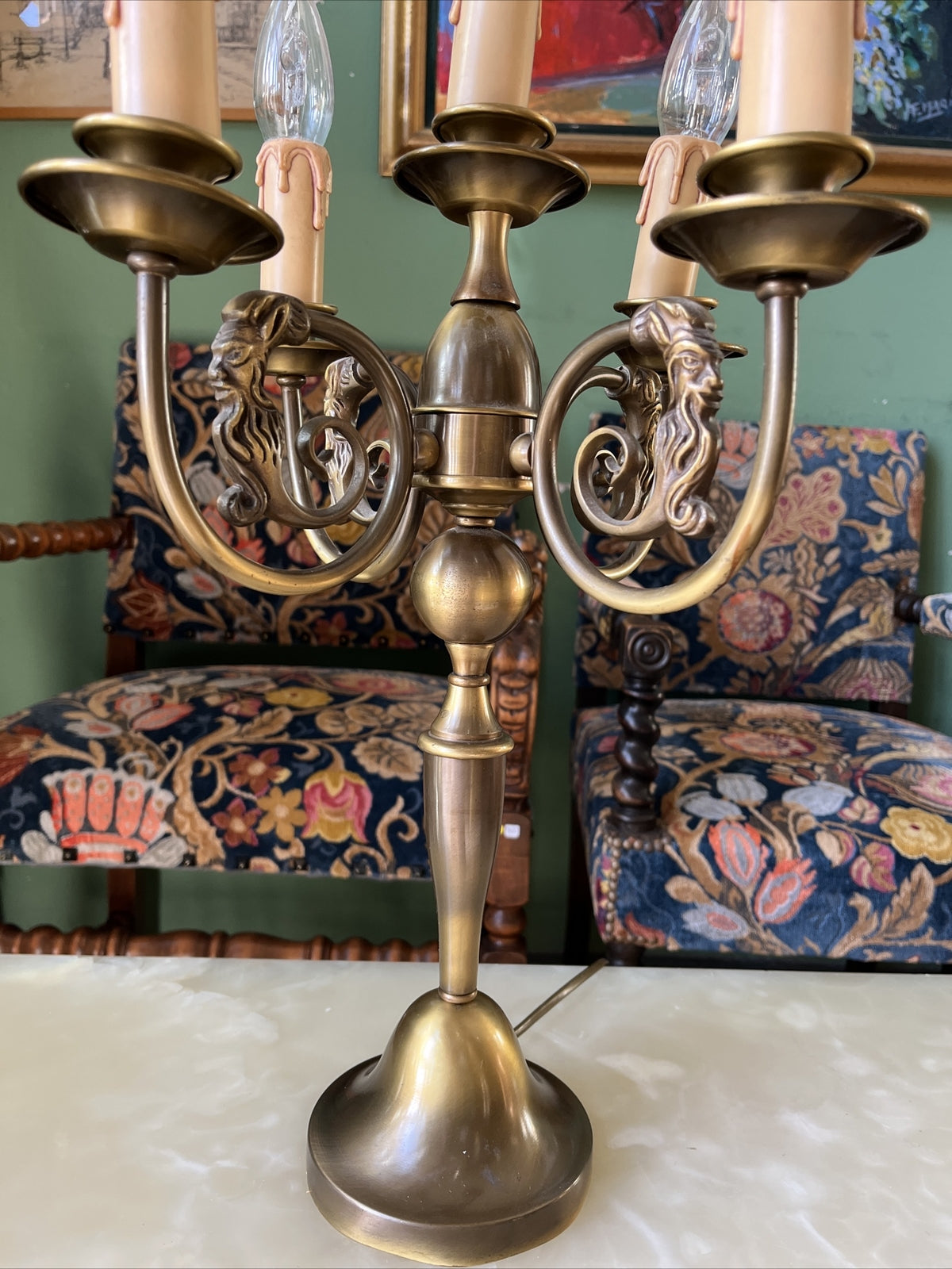 Candélabre Ancien Hollandais Électrifié En Bronze Patiné Vernis / Lampe À Poser
