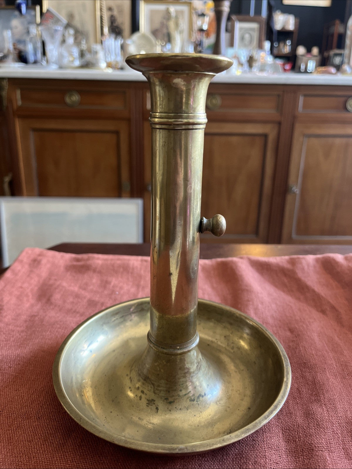 Ancien Bougeoir À Poussoir Doré