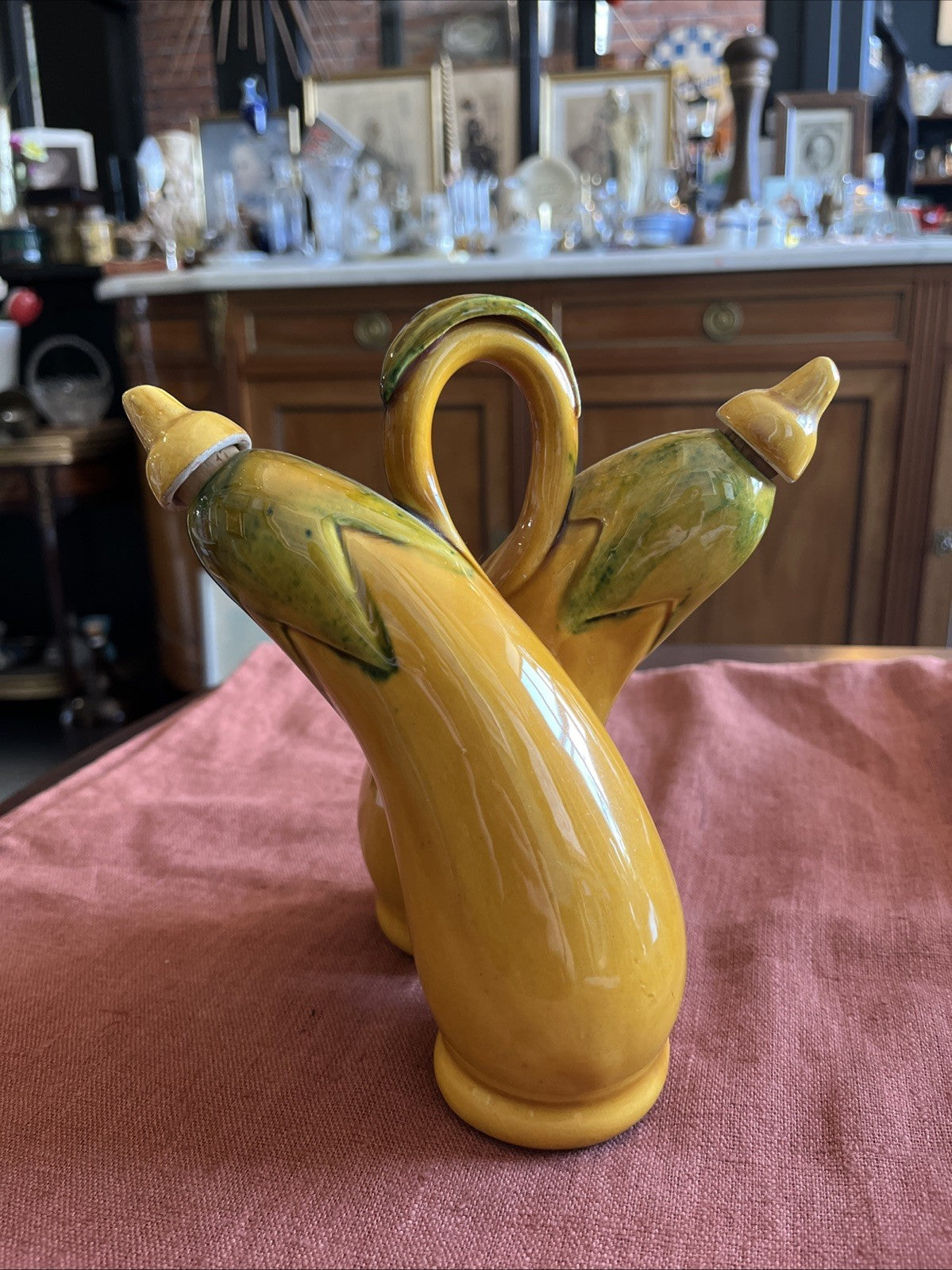 Huilier Vinaigrier Siamois En Céramique Relief Olive