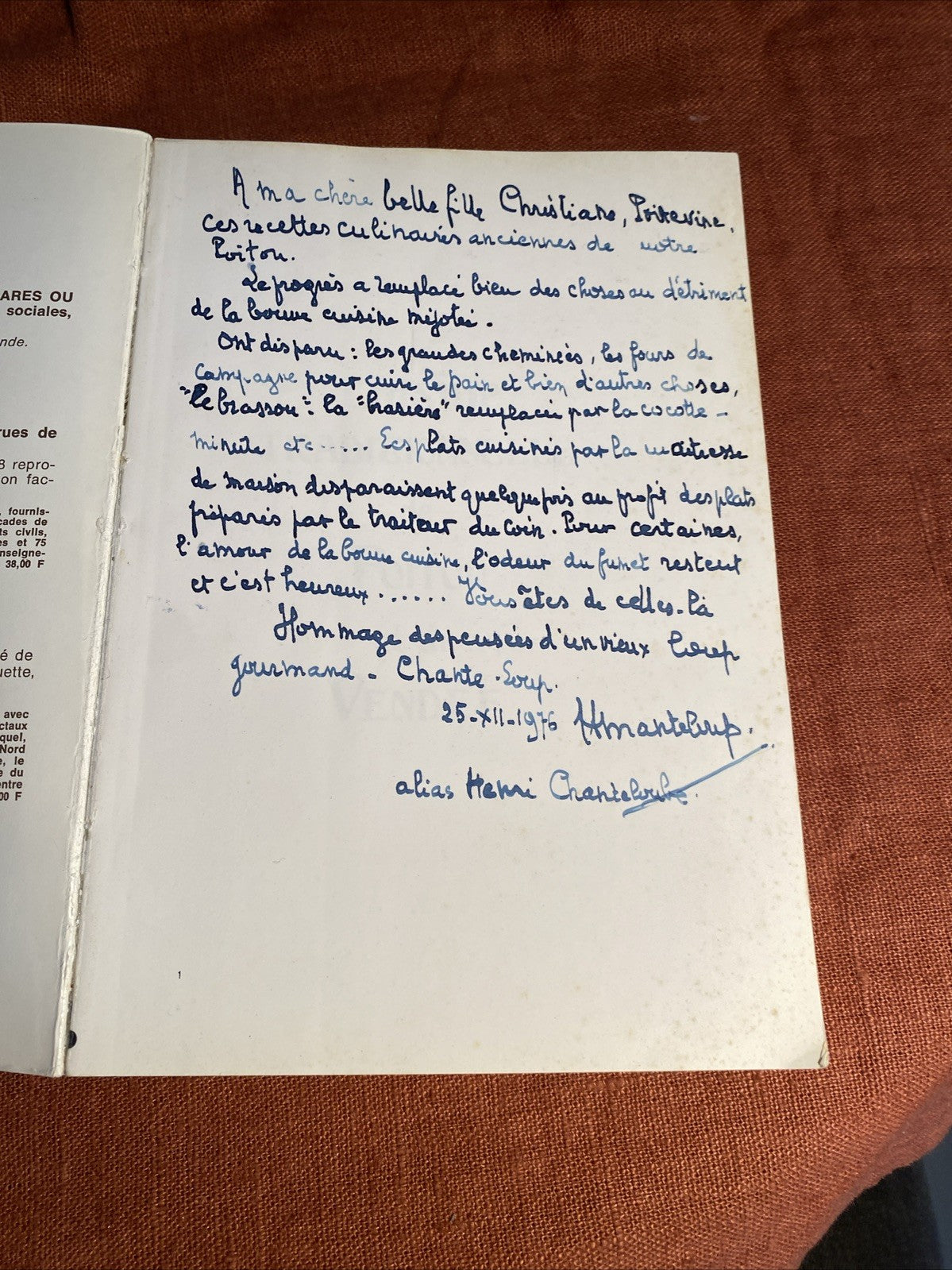 Livre Jeanne Philippe-Levatois Cuisine Traditionnelle de Poitou et de Vendée 1976