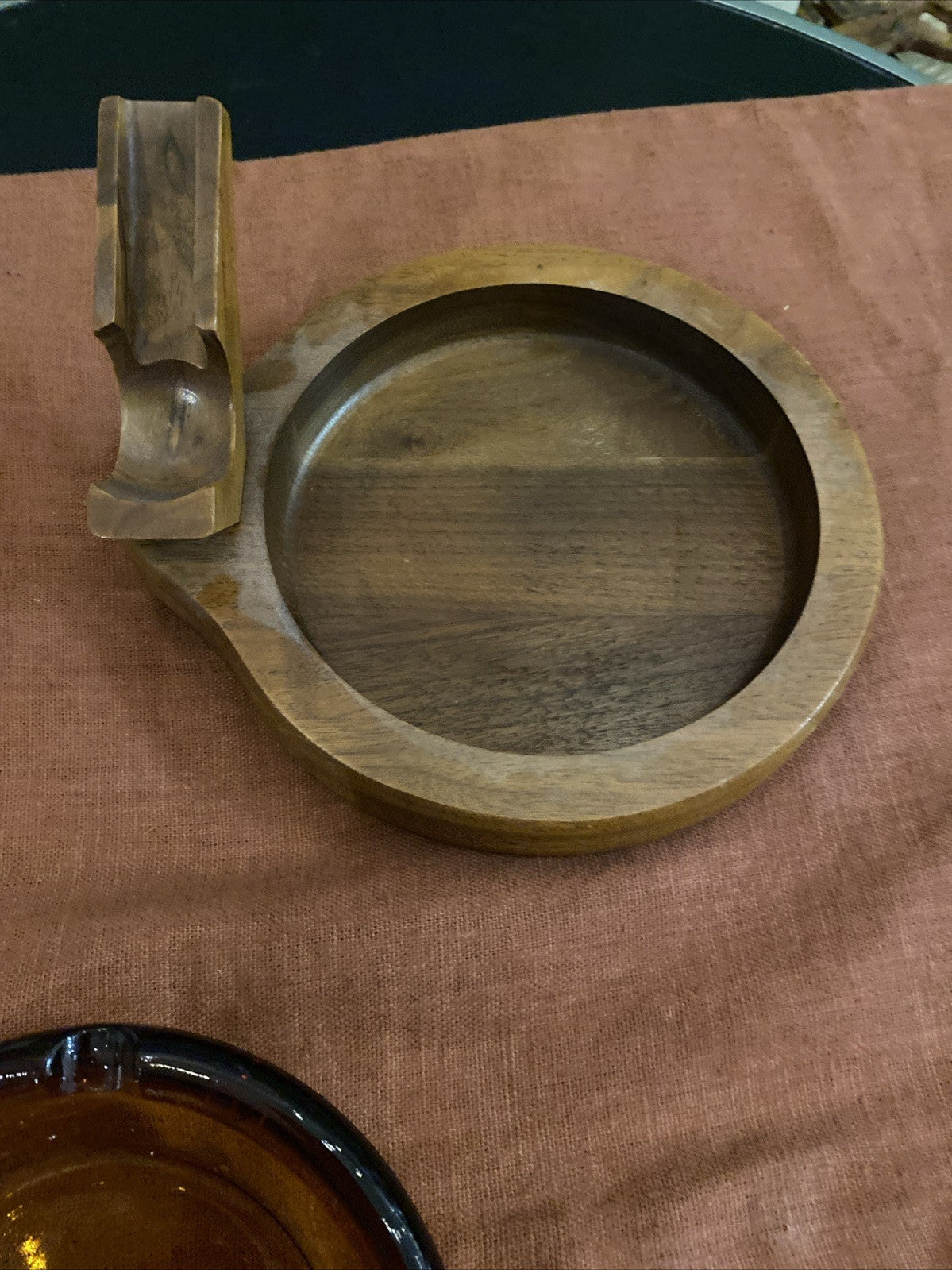 Cendrier A Pipe Verre Ambré Support En Bois