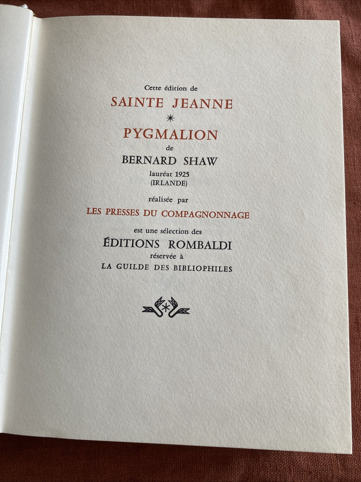 Bernard Shaw - Sainte Jeanne Pigmalion - Édition Rombaldi - Nobel 1925 - livre -