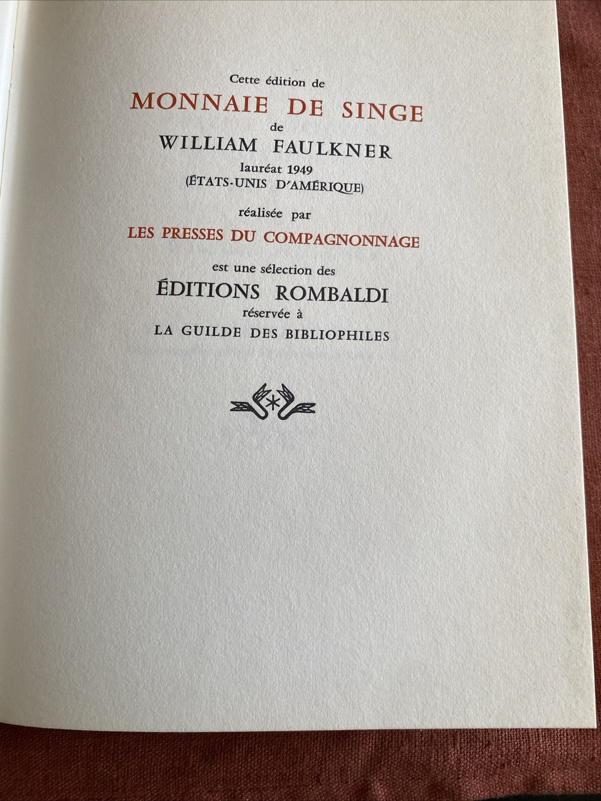 William Faulkner - Monnaie De Singe - Édition Rombaldi - Nobel 1949 - livre -
