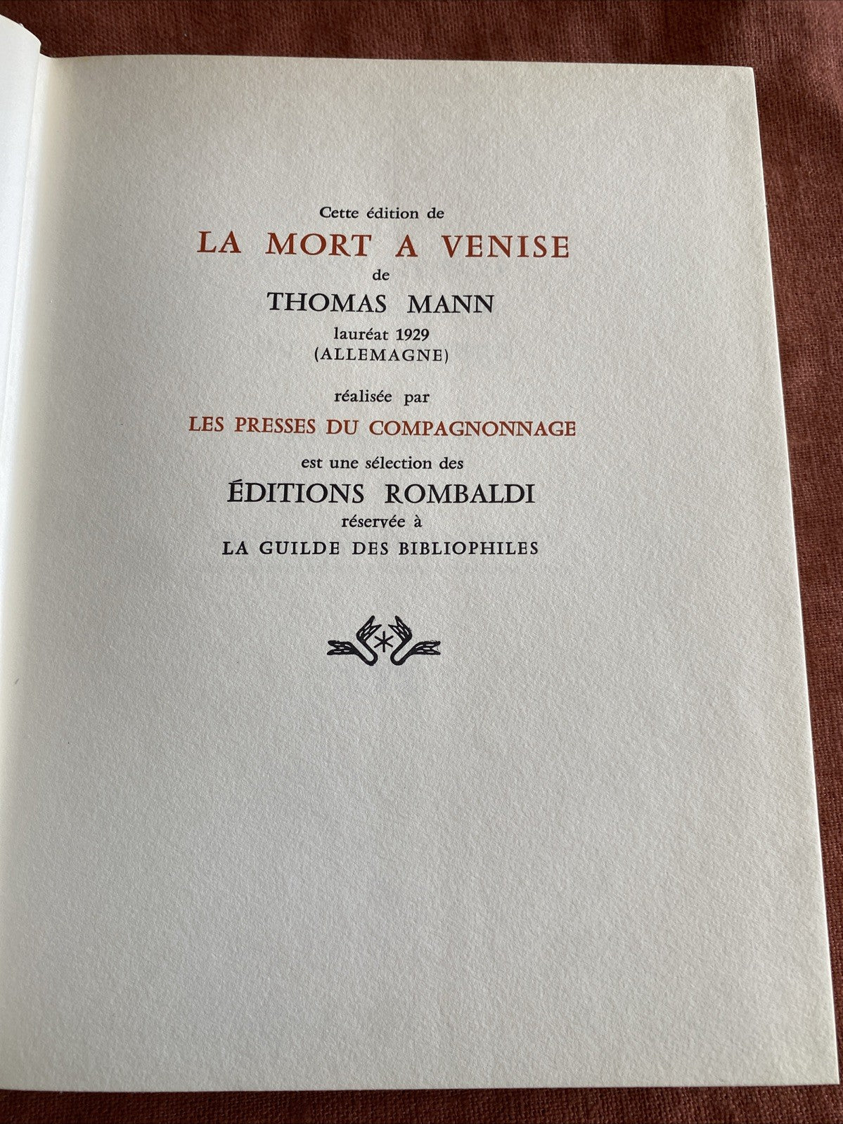Livre Thomas Mann - La Mort à Venise - Editions Rombaldi - Nobel 1929