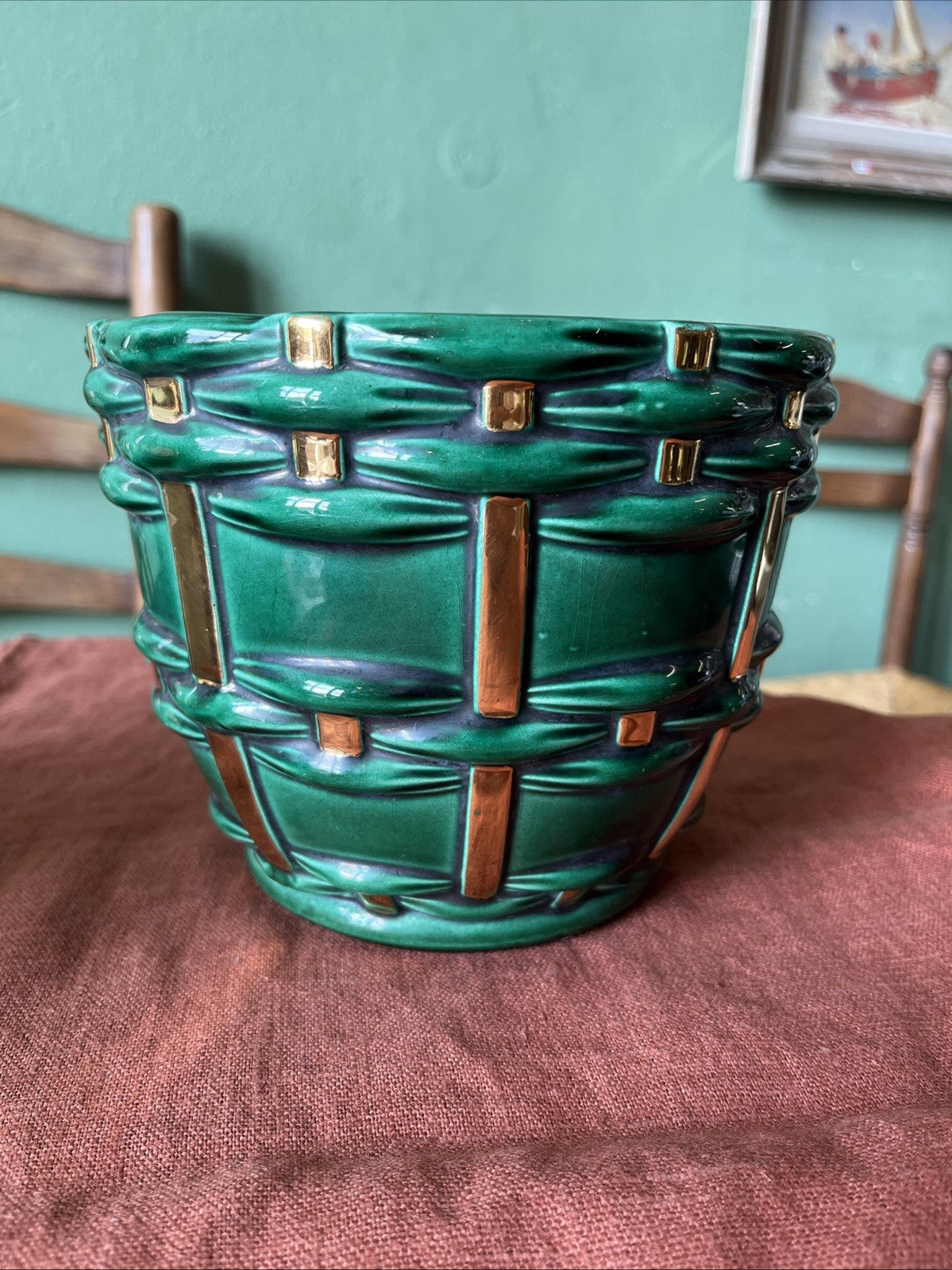 Cache Pot En Faïence Vert Et Dore Saint Clément B. Letalle