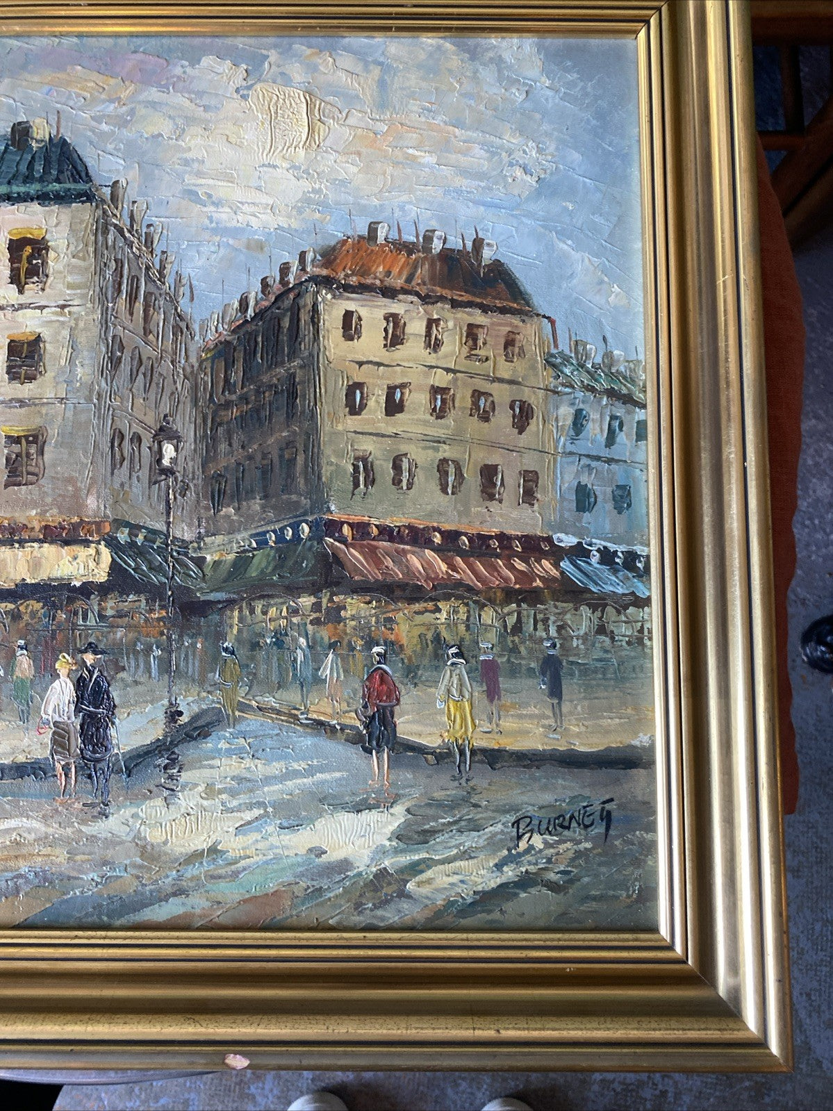 Tableau signé Caroline Burnett – Scène de rue parisienne – Huile impressionniste