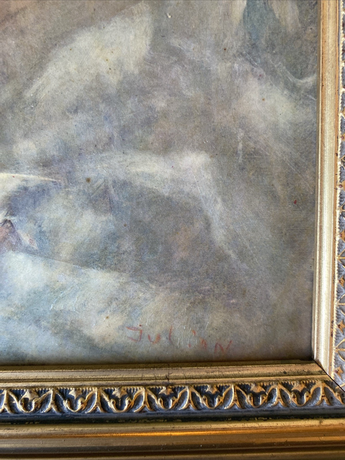 Tableau ancien signé Julian – Nu féminin allongé – Huile sur toile – Cadre doré
