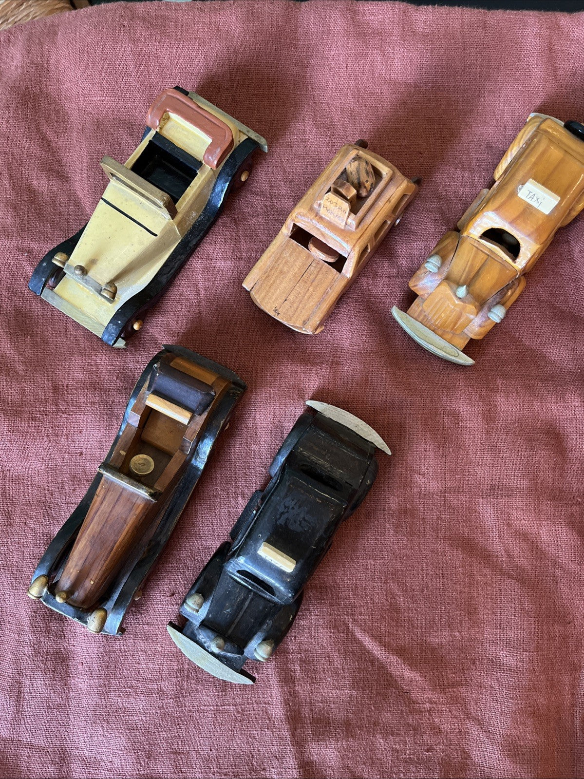 Lot De 5 Voitures Miniatures Anciennes En Bois