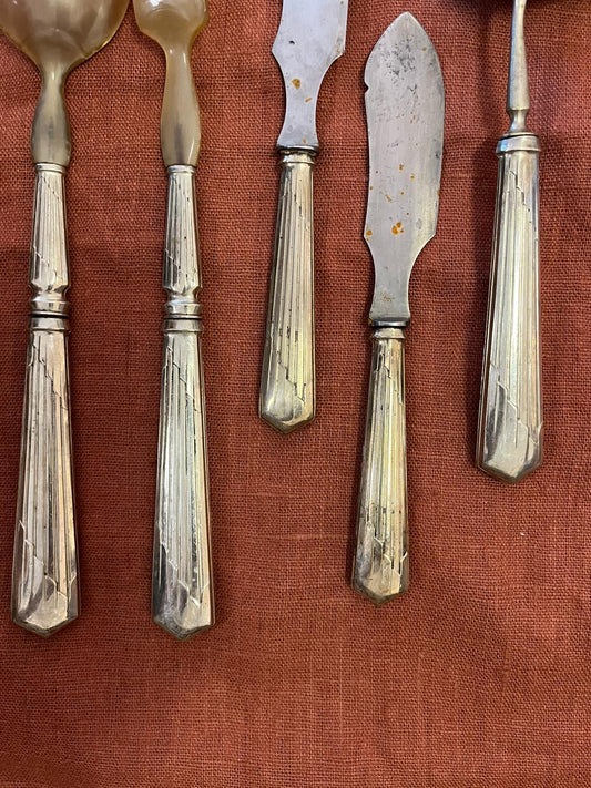 Service à salade Art Déco 5 pièces métal argenté et corne vintage