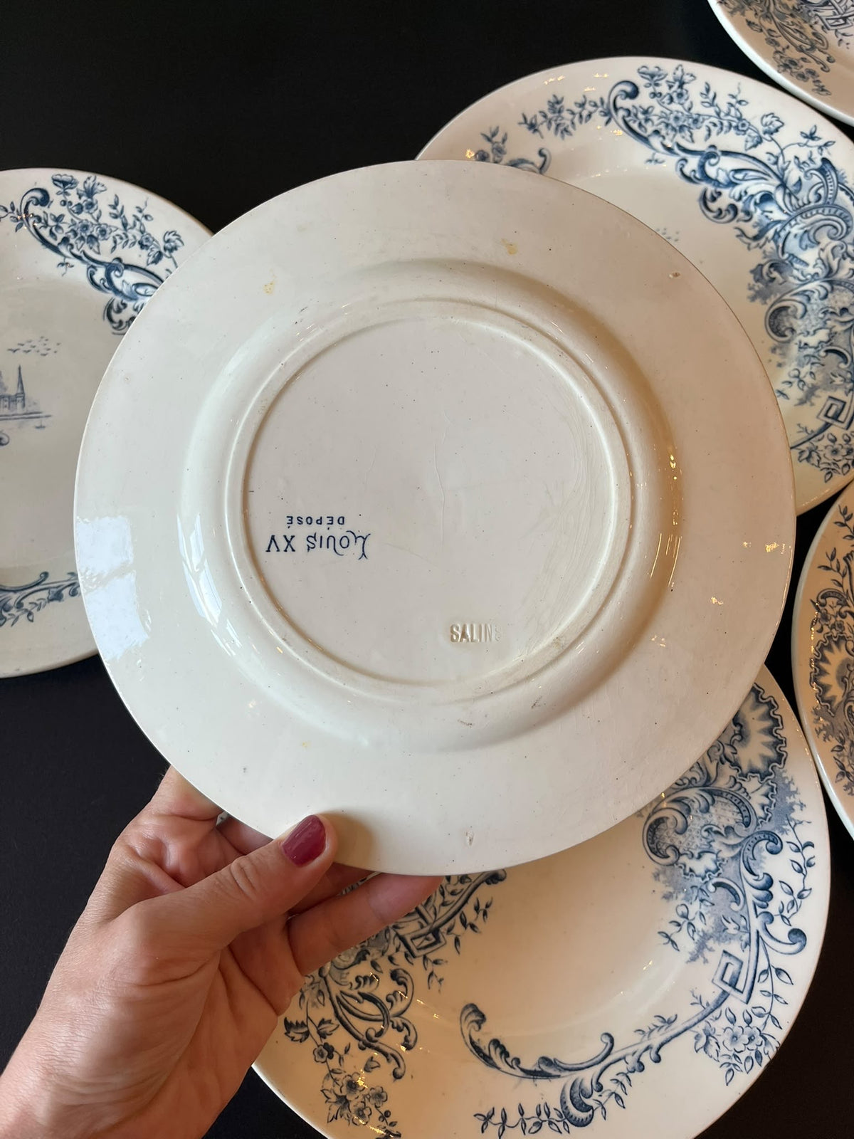 lot de 6 assiettes Salins Louis XV terre de fer décor bleu fin XIXe
