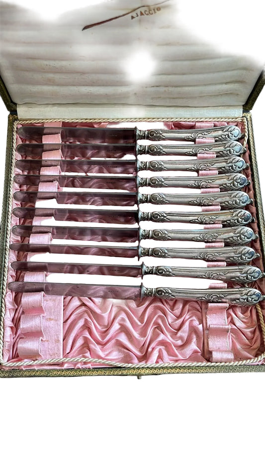 Coffret de 10 couteaux à dessert anciens, manches en argent décorés