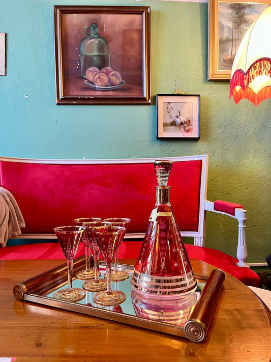 Service à liqueur vintage carafe 5 verres rouge avec plateau miroir
