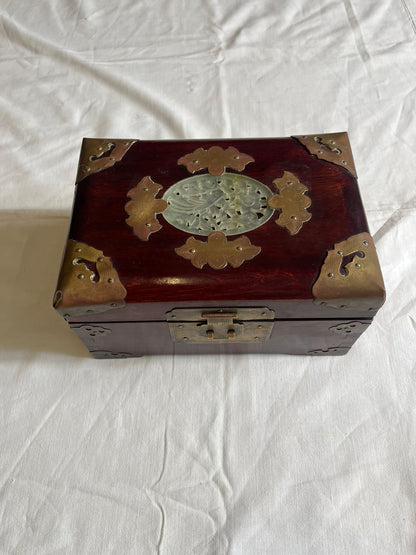 Boîte à Bijoux Chinoise Ancienne Bois Laiton Pierre Jade Coffret Asiatique