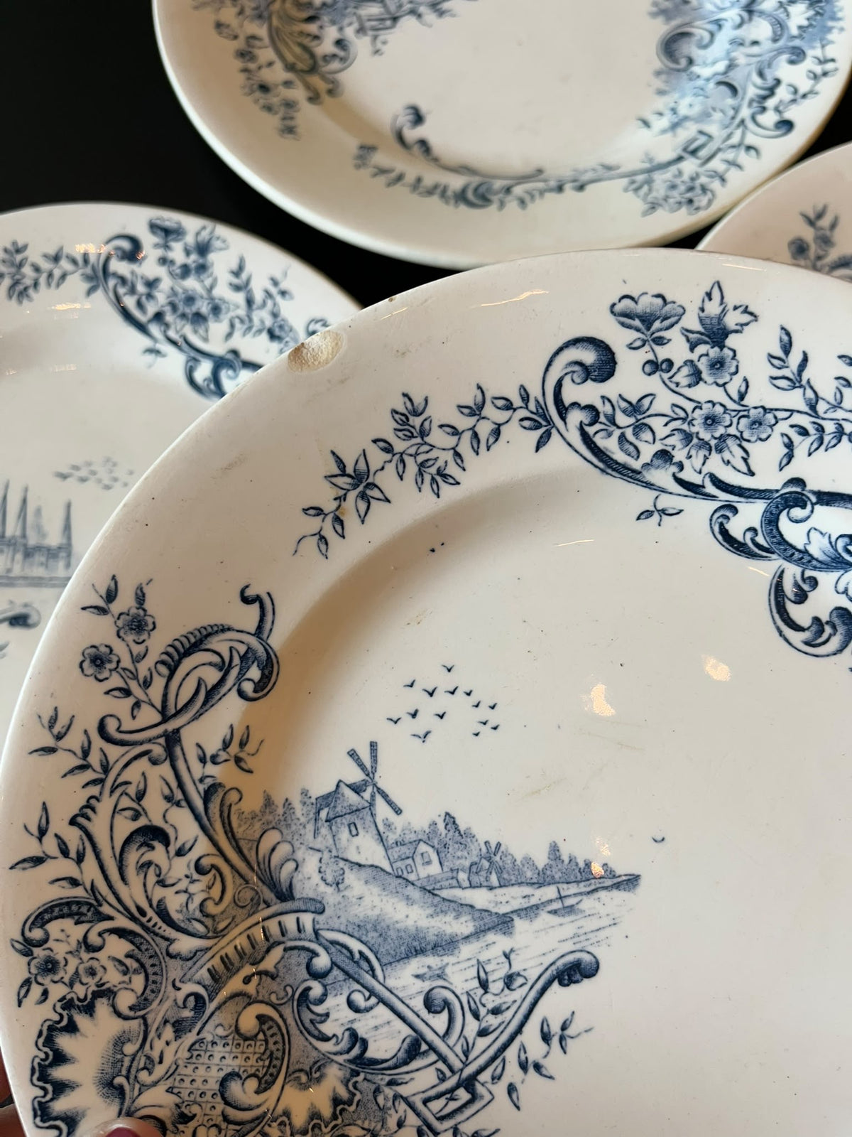 lot de 6 assiettes Salins Louis XV terre de fer décor bleu fin XIXe