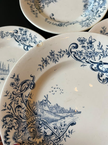 lot de 6 assiettes Salins Louis XV terre de fer décor bleu fin XIXe