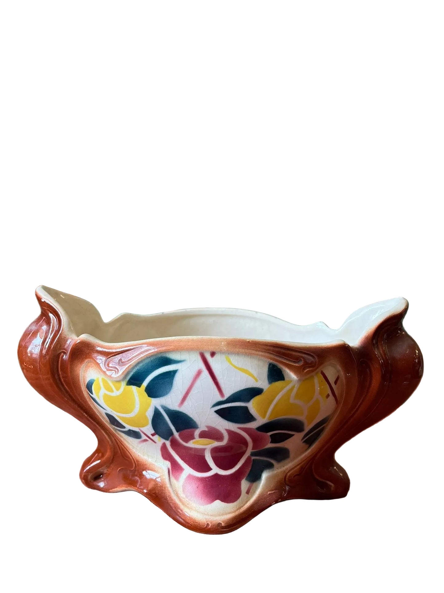 Jardinière ancienne céramique Art Déco décor floral stylisé