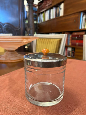Pot Art Déco en verre avec couvercle métal chromé et bouton bakélite ambré vintage
