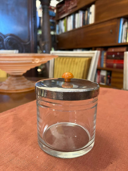 Pot Art Déco en verre avec couvercle métal chromé et bouton bakélite ambré vintage