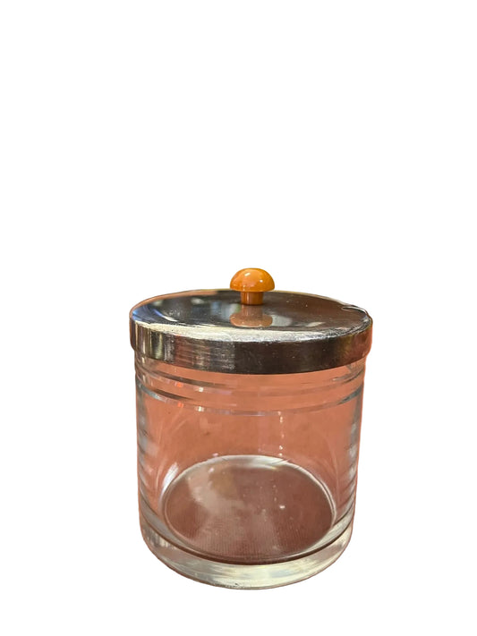 Pot Art Déco en verre avec couvercle métal chromé et bouton bakélite ambré vintage