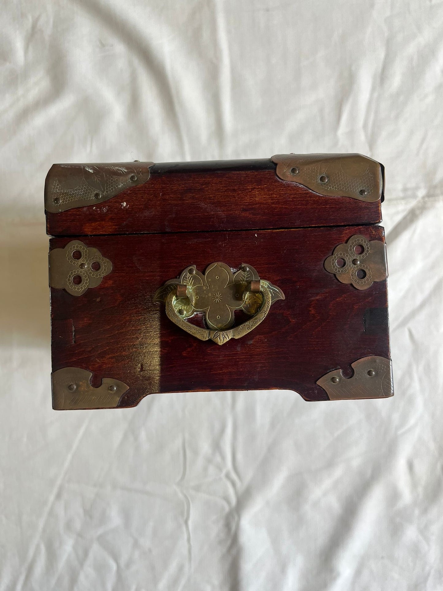 Boîte à Bijoux Chinoise Ancienne Bois Laiton Pierre Jade Coffret Asiatique