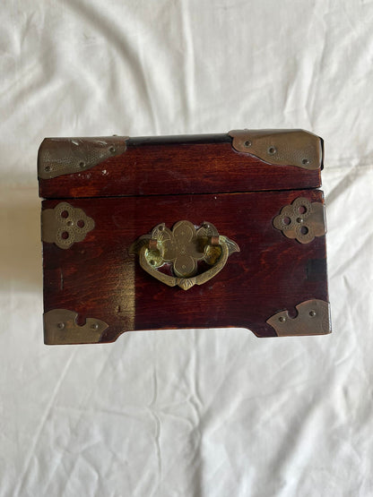 Boîte à Bijoux Chinoise Ancienne Bois Laiton Pierre Jade Coffret Asiatique