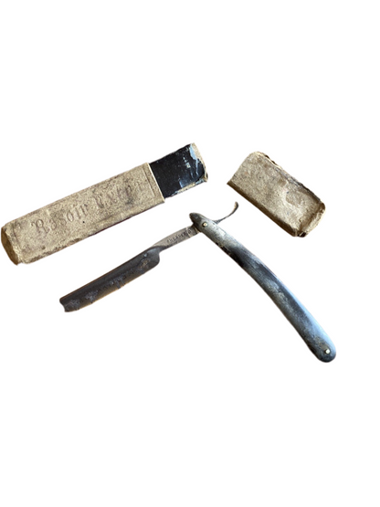 Rasoir coupe-choux ancien Sheffield, lame acier, avec étui d’origine