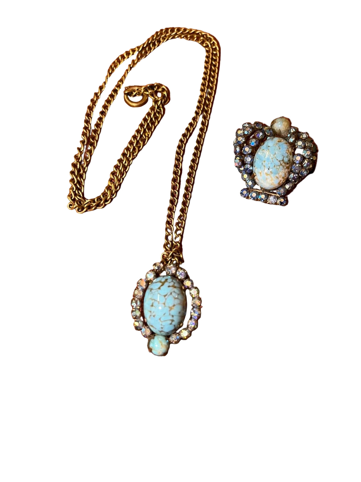 Parure vintage broche et pendentif cabochons bleu turquoise et strass